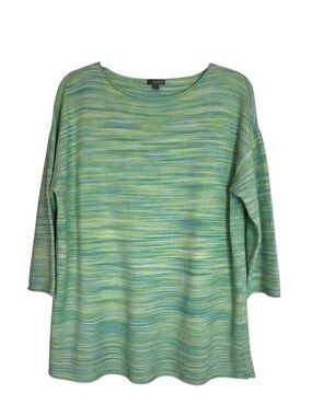 Talbots Waffle Knit Green & Aqua Striped Lightweight Large Sweater